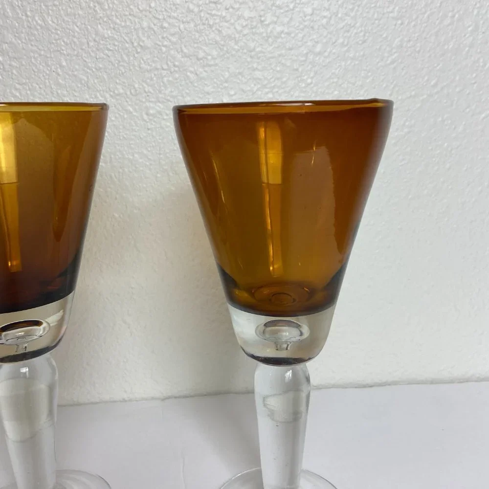 VTG 1970 Honey Amber Hand blown Stemmed Wine Goblet Glasses 9